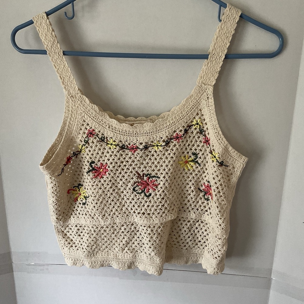 Rebellion Size S Ivory Crochet Crop Top Tank Embroidered Sheer Boho Festival